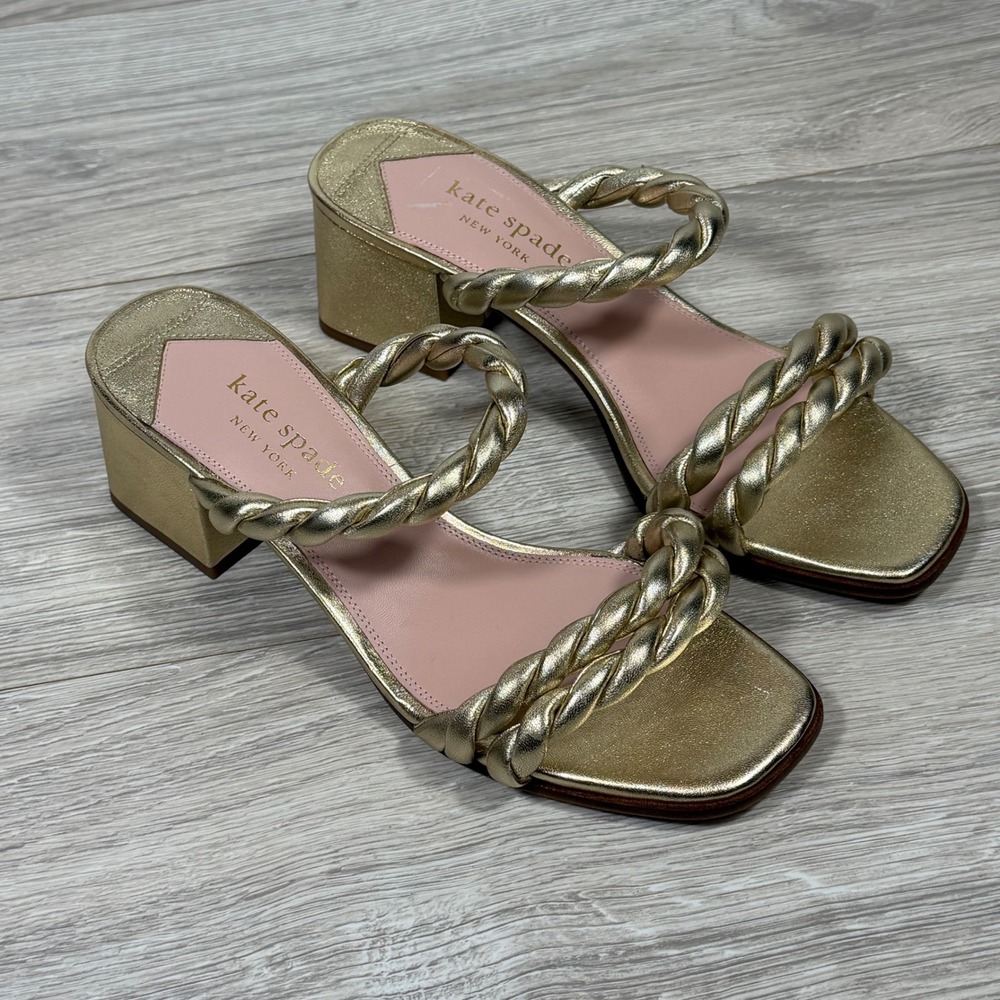 Kate Spade Nina Gold Metallic Braided‎ Block Heel Sandals Womens 9 NWOB
